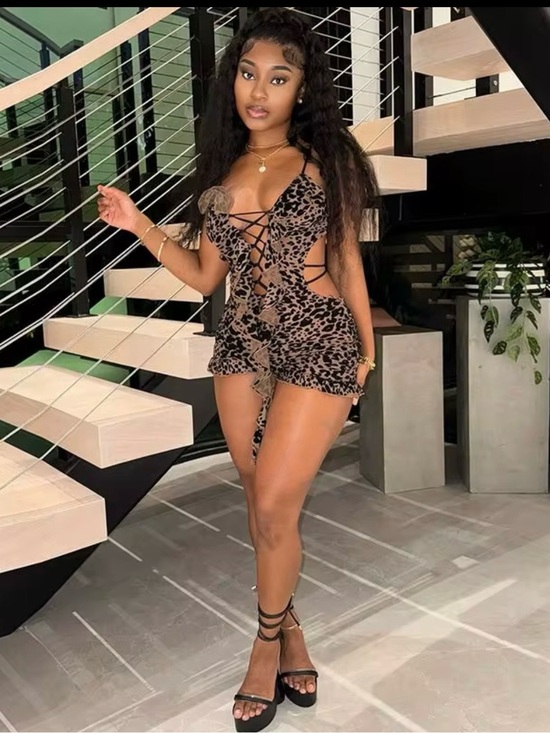 Pants - Leopard Lace-Up Mini Dress Romper - Brown/Black
